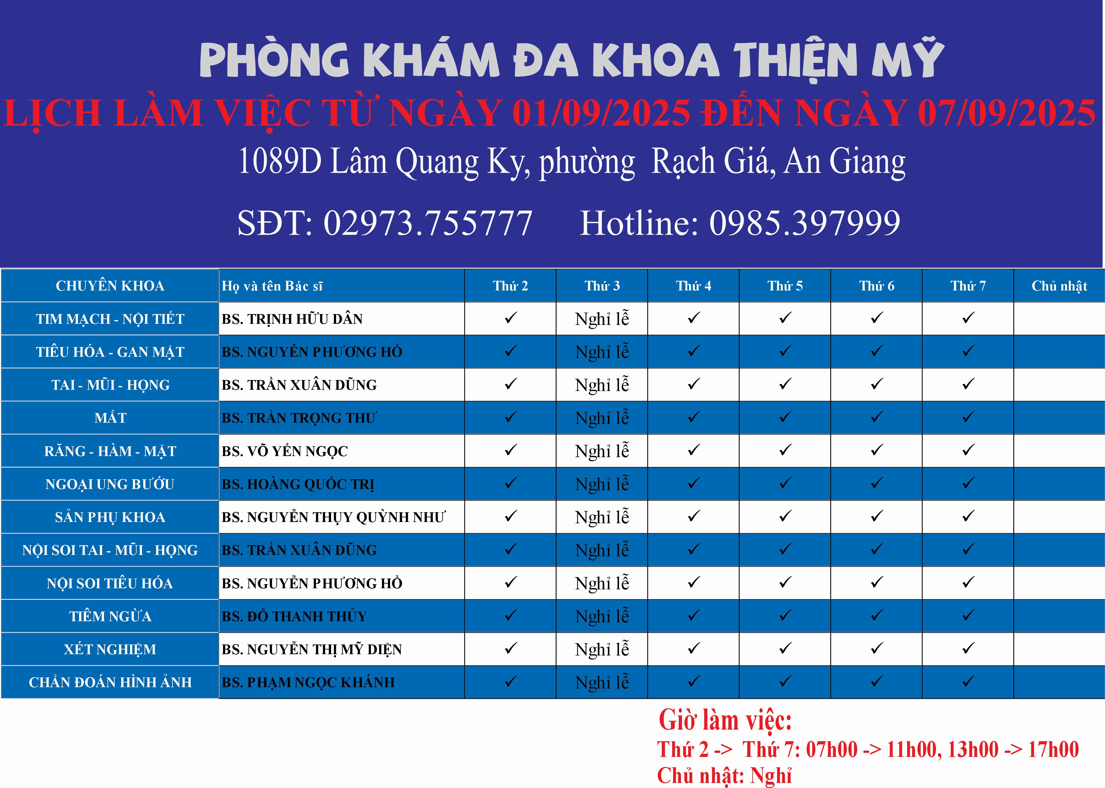 LỊCH LÀM VIỆC TỪ NGÀY 01/09/2025 ĐẾN NGÀY 07/09/2025	